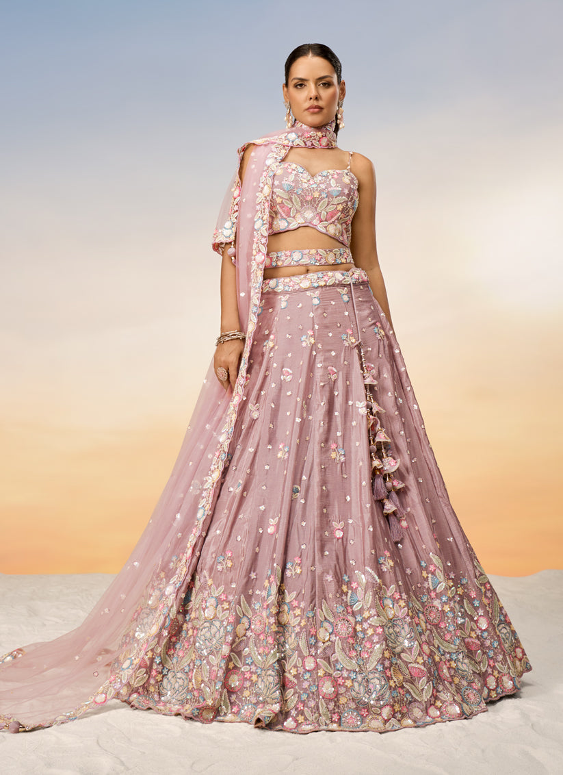 Rose Gold Faux Chiffon Embroidered Wedding Lehenga Choli