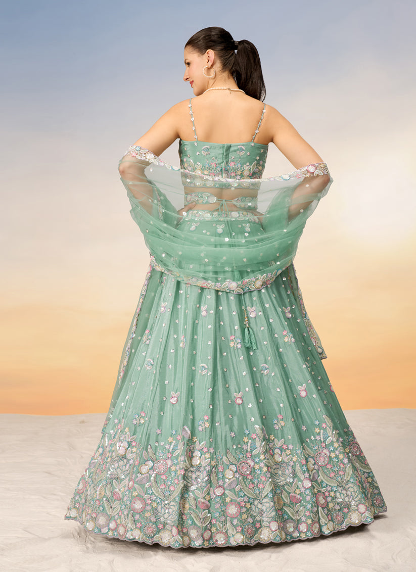 Mint Green Faux Chiffon Embroidered Wedding Lehenga Choli