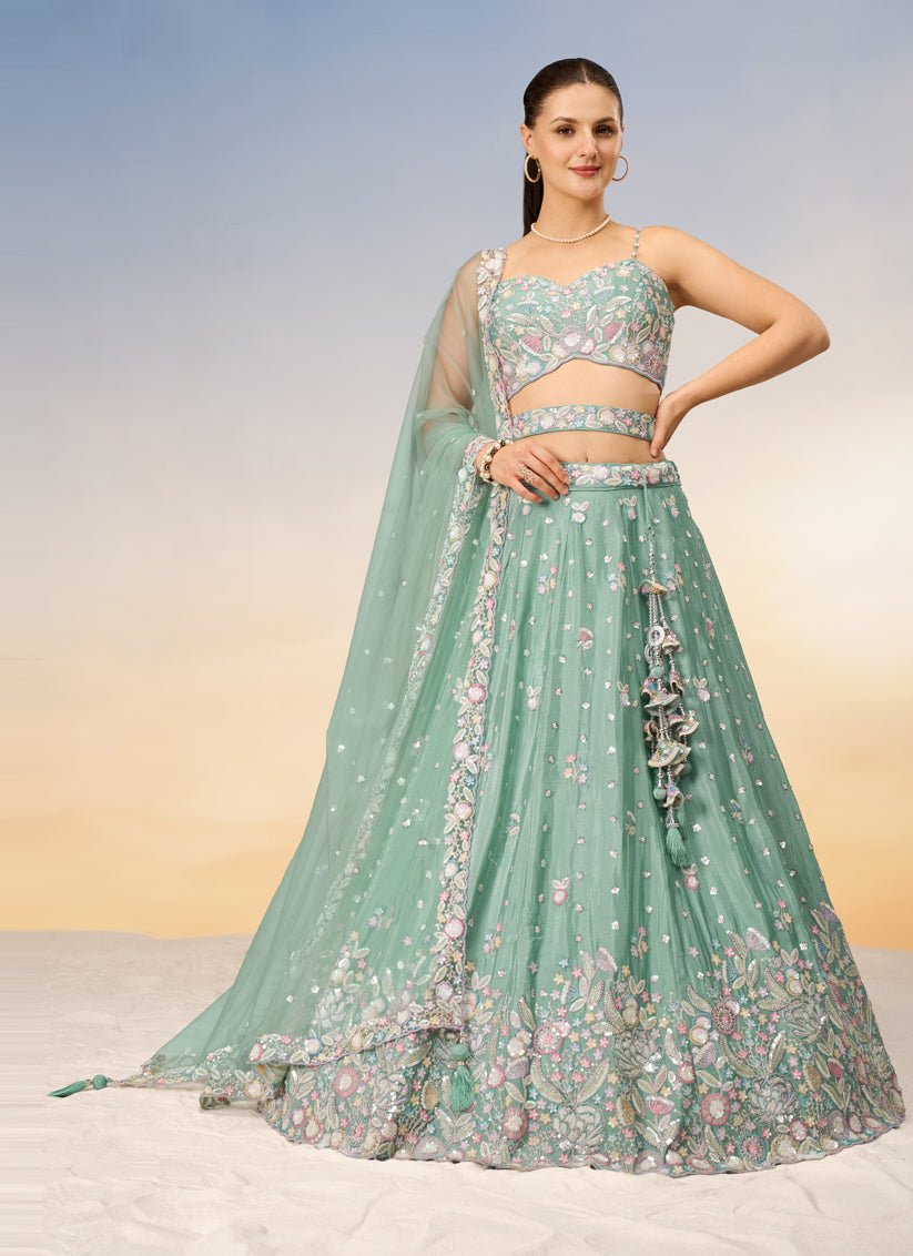 Mint Green Faux Chiffon Embroidered Wedding Lehenga Choli