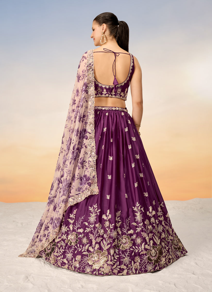 Wine Faux Chiffon Embroidered Wedding Lehenga Choli