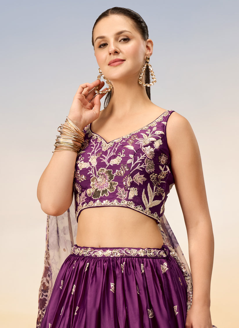 Wine Faux Chiffon Embroidered Wedding Lehenga Choli