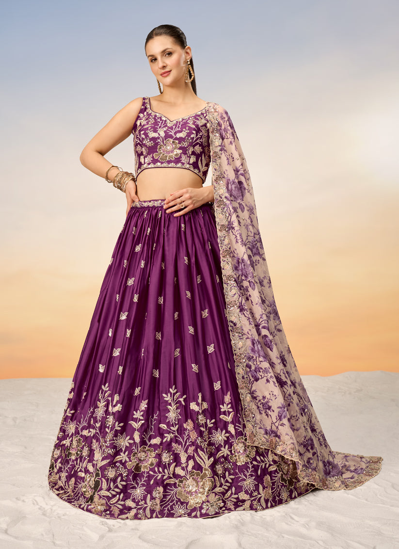 Wine Faux Chiffon Embroidered Wedding Lehenga Choli