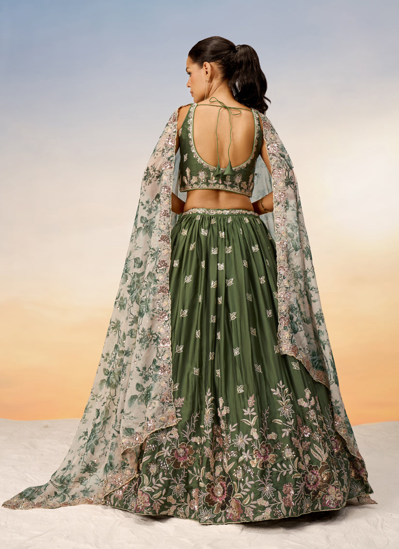 Olive Green Faux Chiffon Embroidered Wedding Lehenga Choli