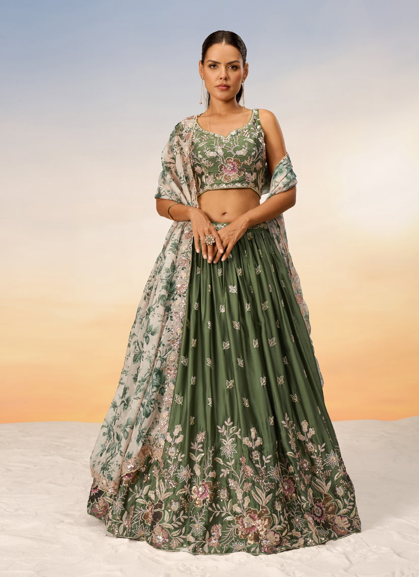 Olive Green Faux Chiffon Embroidered Wedding Lehenga Choli