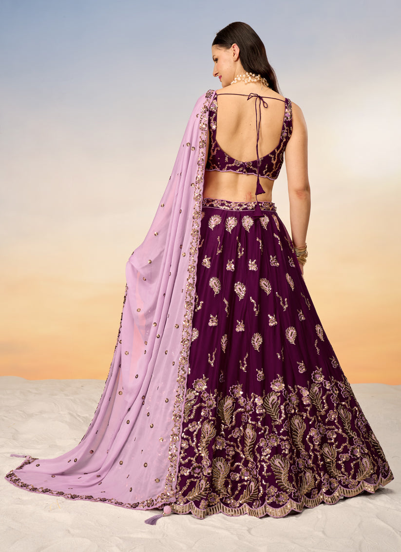 Burgundy Faux Georgette Embroidered Wedding Lehenga Choli