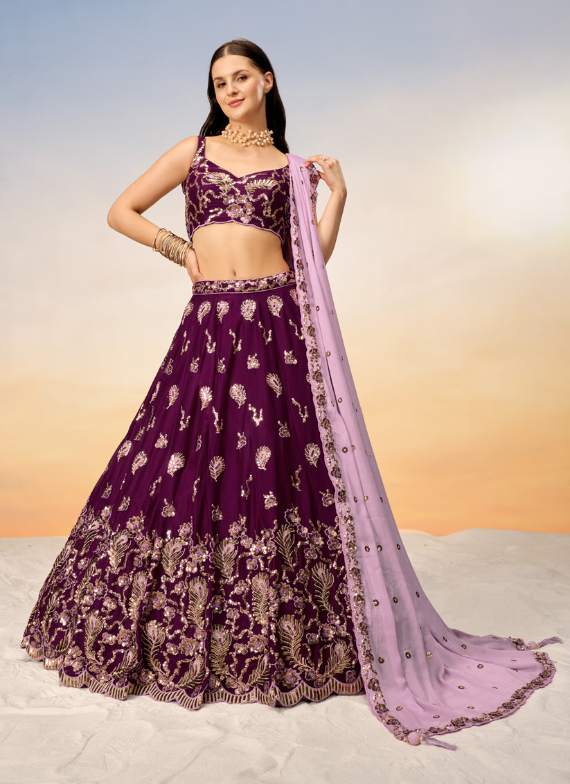 Burgundy Faux Georgette Embroidered Wedding Lehenga Choli