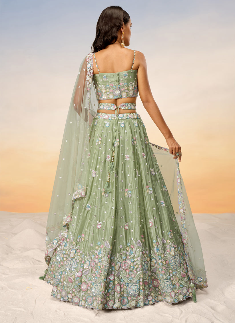 Sage Green Faux Chiffon Embroidered Wedding Lehenga Choli