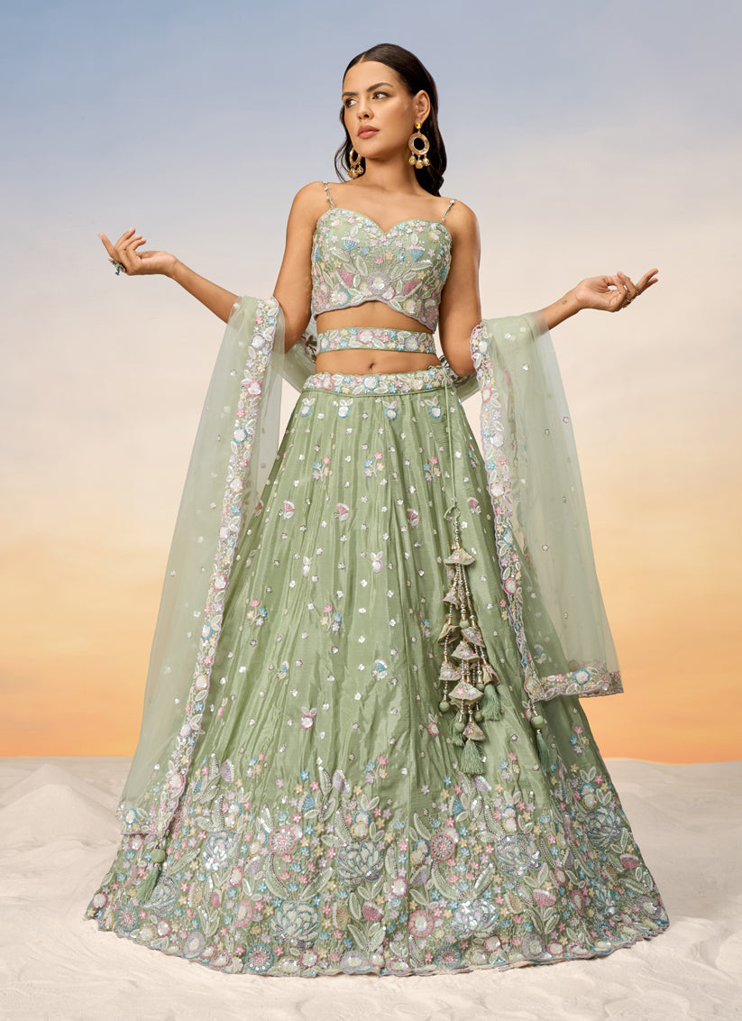 Sage Green Faux Chiffon Embroidered Wedding Lehenga Choli