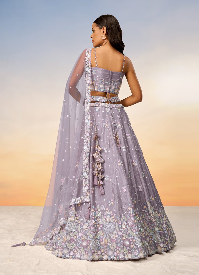 Mauve Faux Chiffon Embroidered Wedding Lehenga Choli