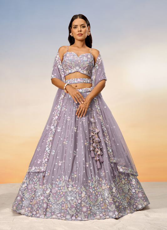 Mauve Faux Chiffon Embroidered Wedding Lehenga Choli