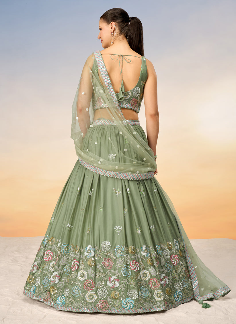 Sage Green Faux Georgette Embroidered Wedding Lehenga Choli