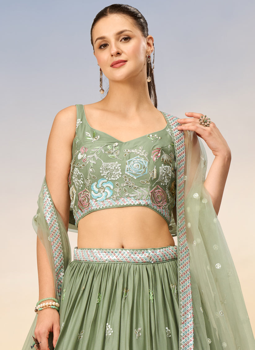 Sage Green Faux Georgette Embroidered Wedding Lehenga Choli