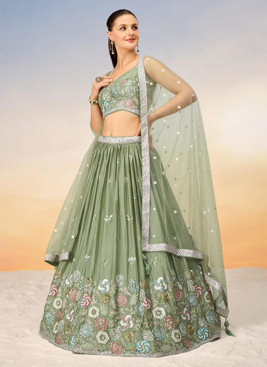 Sage Green Faux Georgette Embroidered Wedding Lehenga Choli