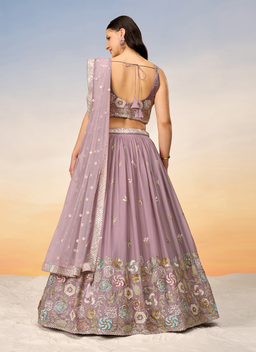 Mauve Pink Faux Georgette Embroidered Wedding Lehenga Choli