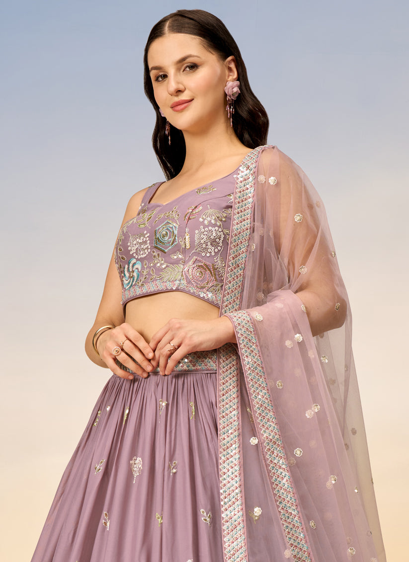 Mauve Pink Faux Georgette Embroidered Wedding Lehenga Choli