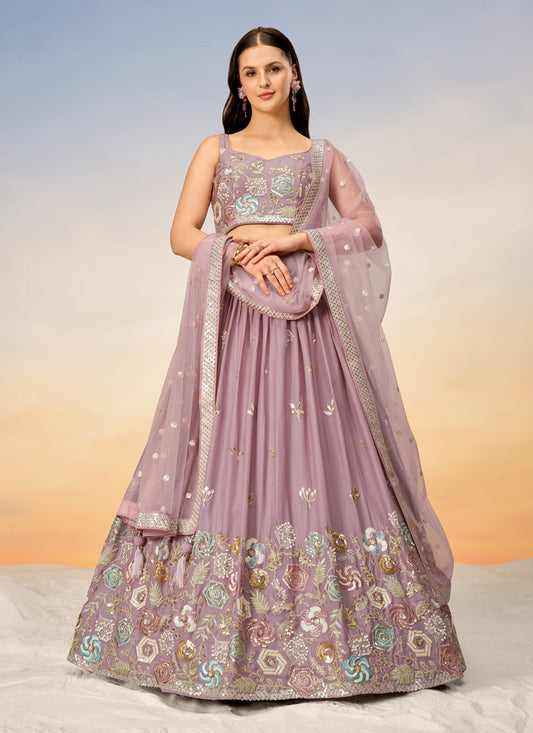 Mauve Pink Faux Georgette Embroidered Wedding Lehenga Choli