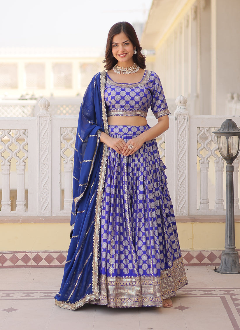 Royal Blue Viscose Jacquard Embroidered Wedding Lehenga Choli