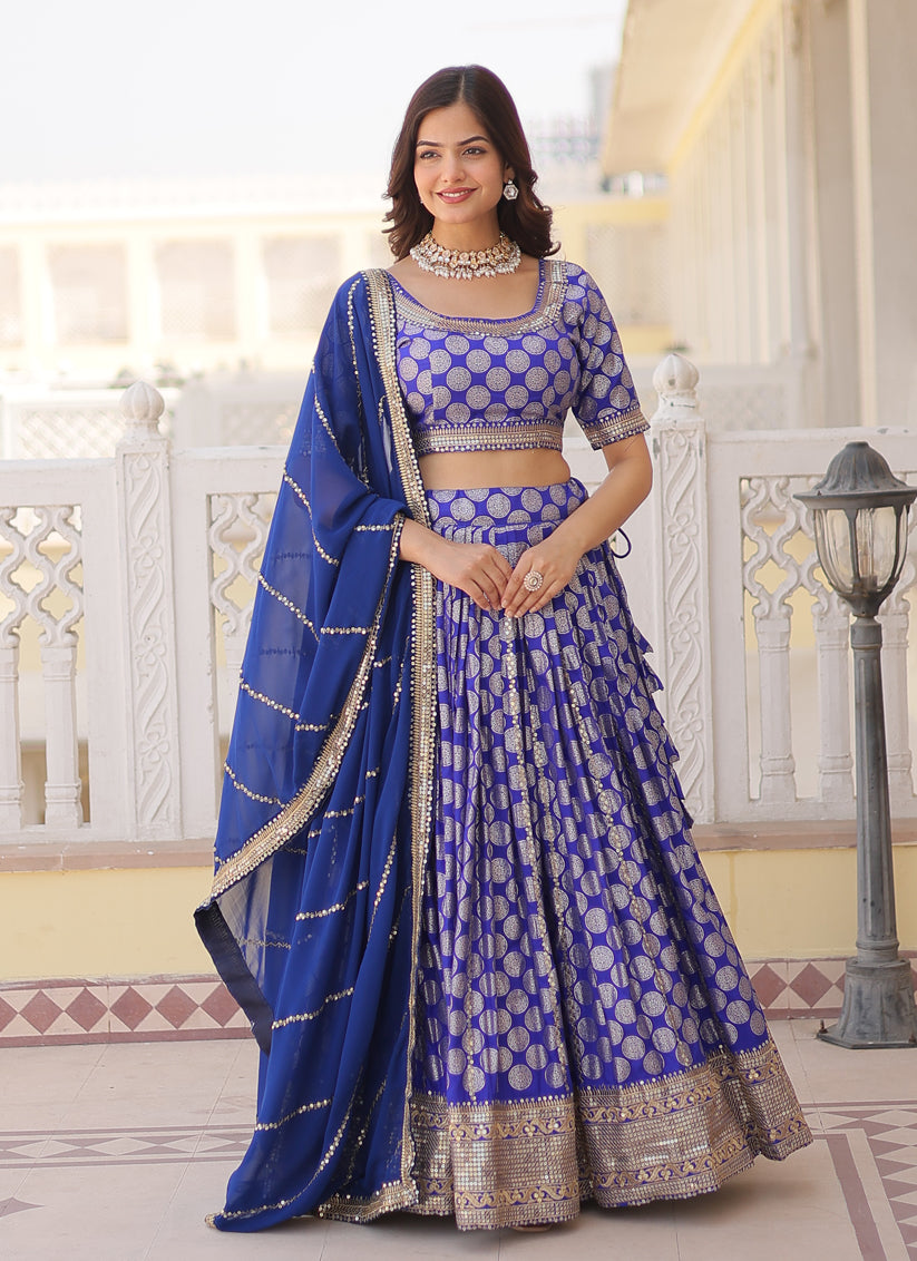 Royal Blue Viscose Jacquard Embroidered Wedding Lehenga Choli