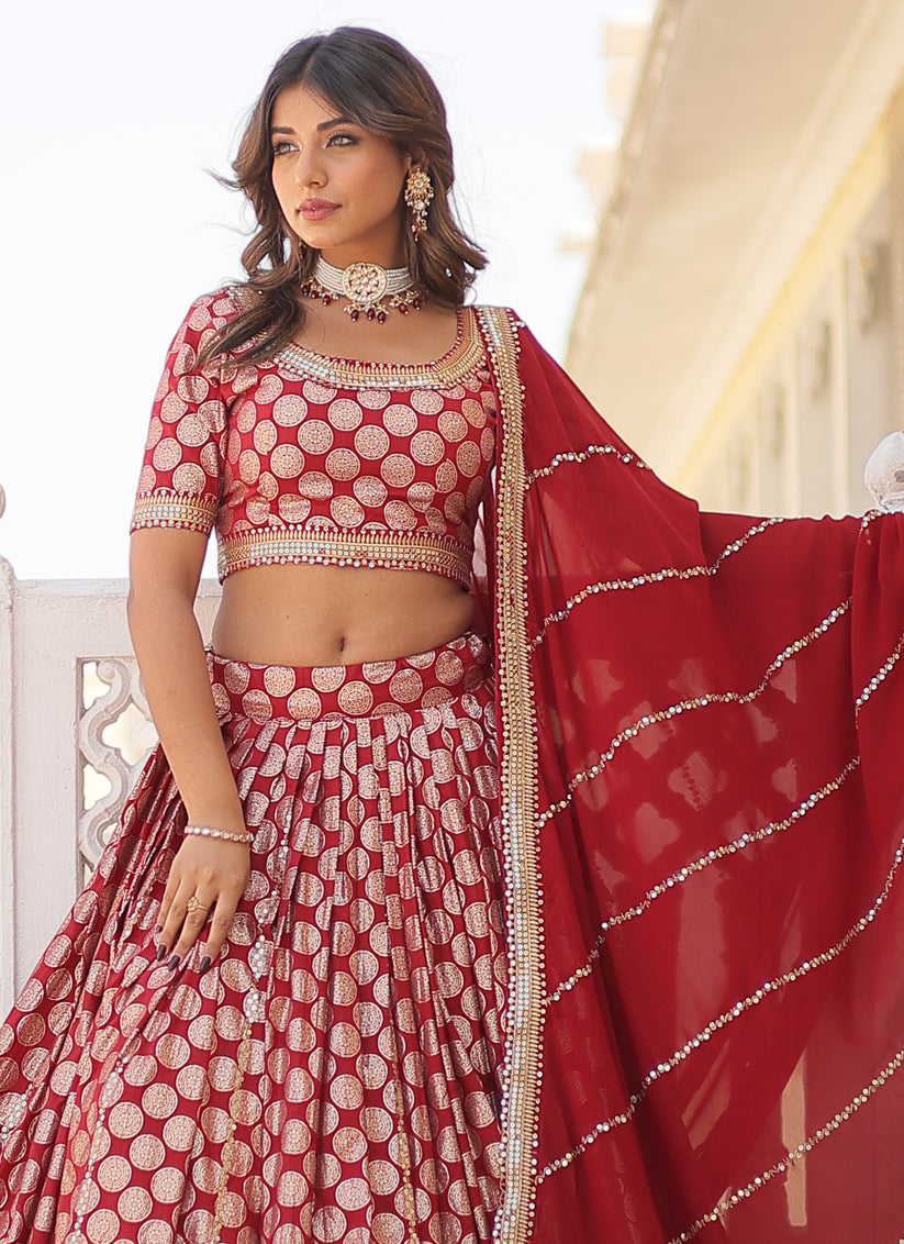 Maroon Viscose Jacquard Embroidered Wedding Lehenga Choli