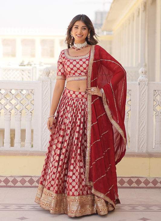 Maroon Viscose Jacquard Embroidered Wedding Lehenga Choli