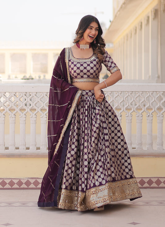 Burgundy Viscose Jacquard Embroidered Wedding Lehenga Choli