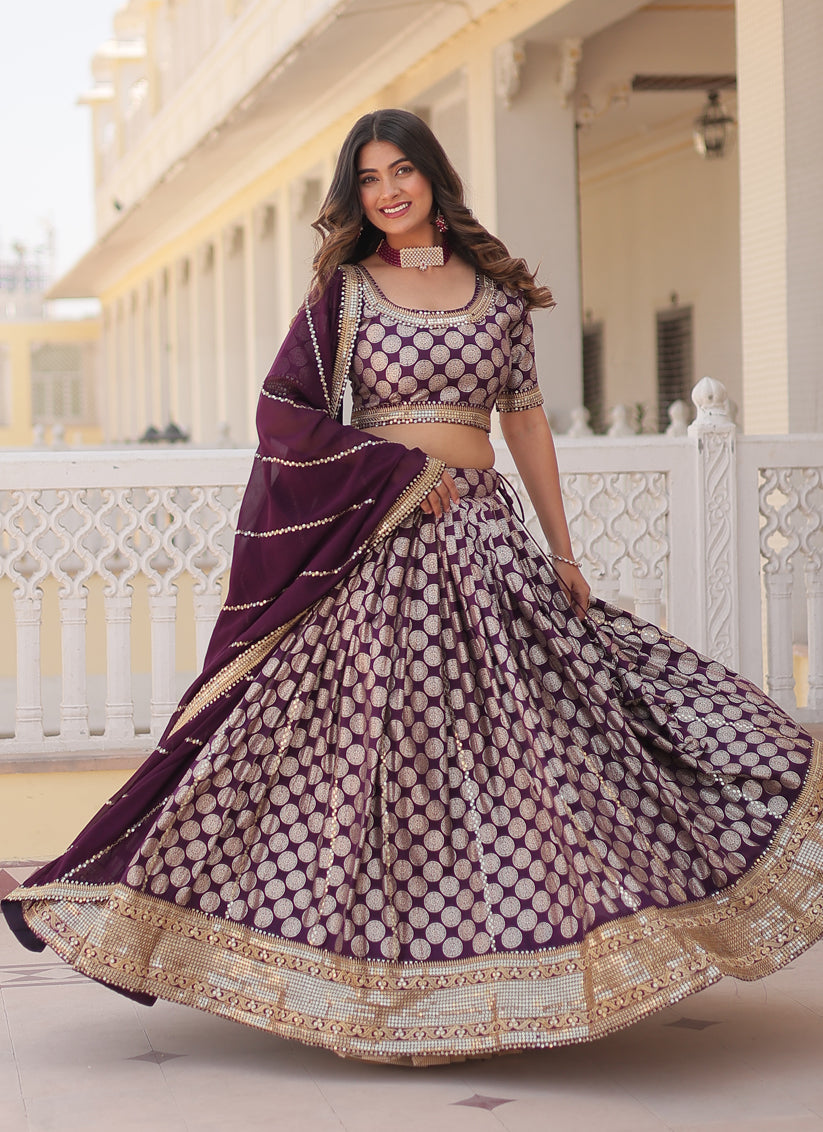 Burgundy Viscose Jacquard Embroidered Wedding Lehenga Choli