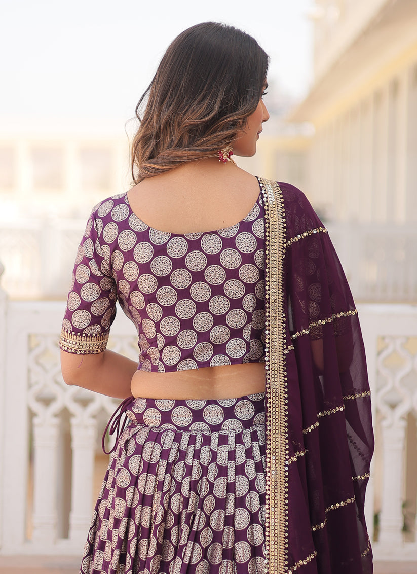 Burgundy Viscose Jacquard Embroidered Wedding Lehenga Choli