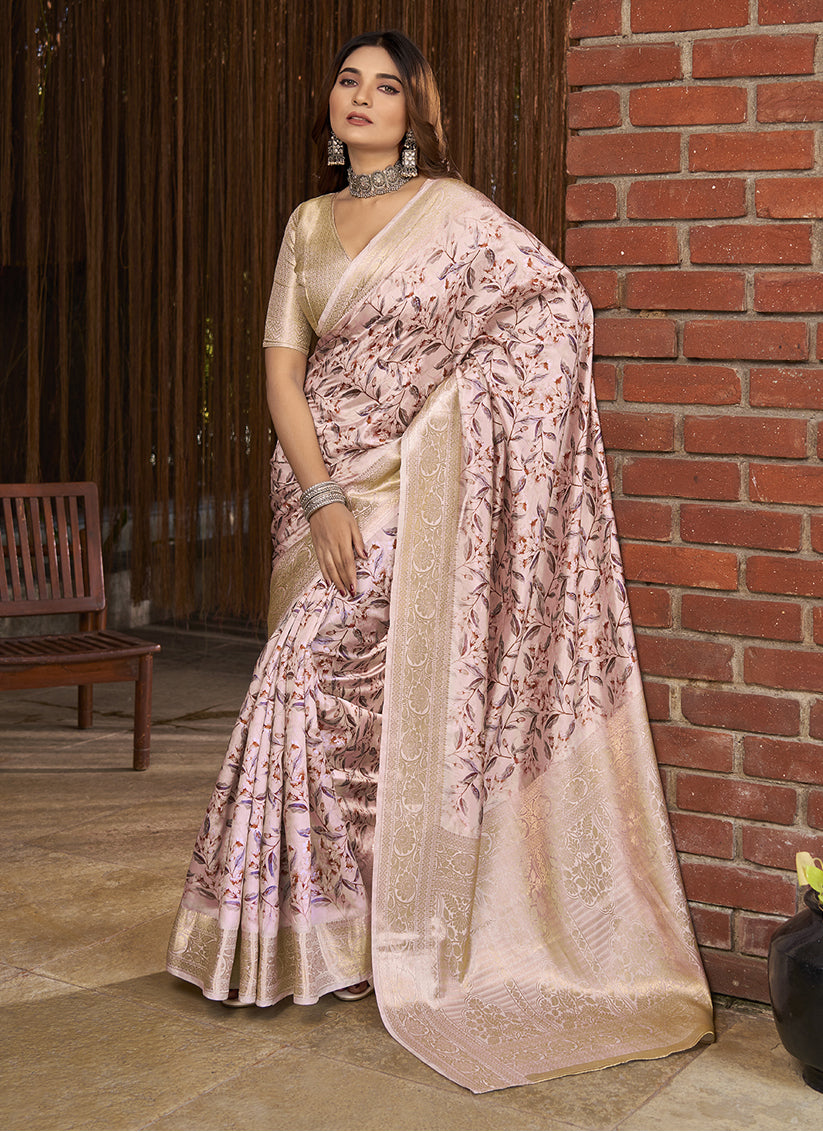 Blush Pink Jacquard Printed Woven Saree For Festival