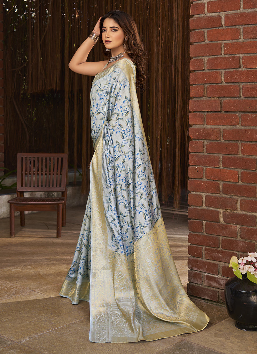 Powder Blue Jacquard Printed Woven Saree For Festival