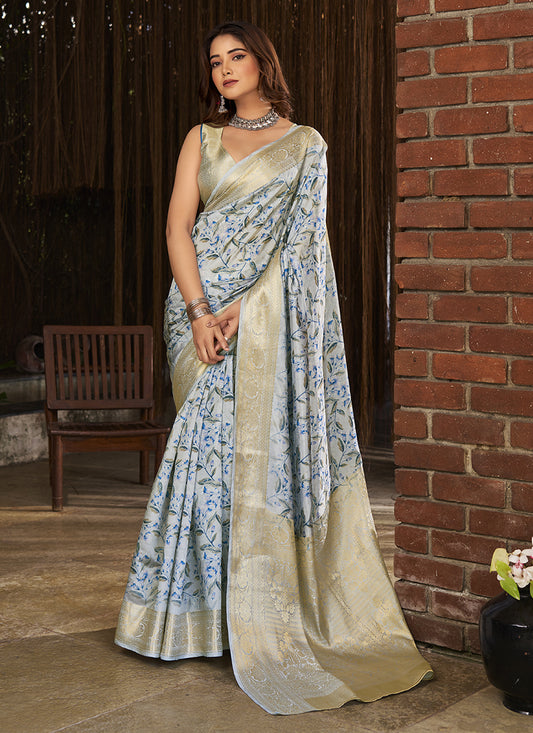 Powder Blue Jacquard Printed Woven Saree For Festival