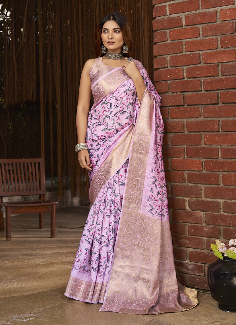 Lilac Pink Jacquard Printed Woven Saree For Festival