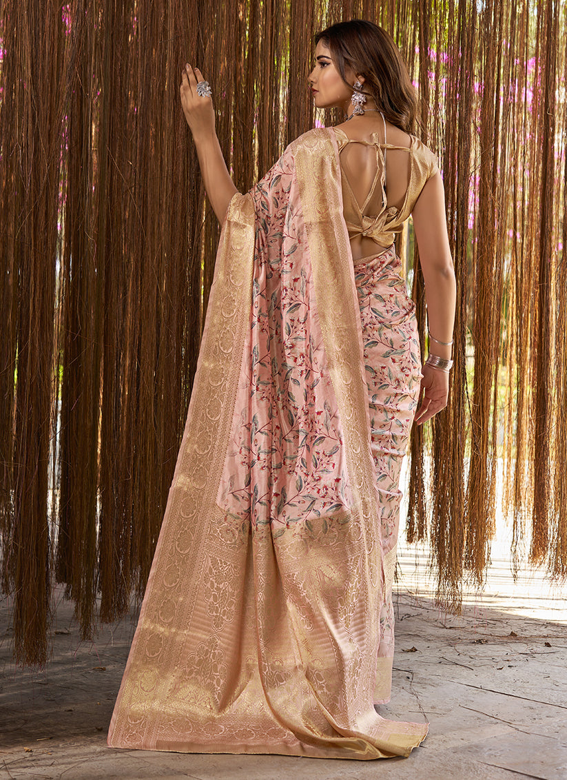 Peach Jacquard Printed Woven Saree For Festival