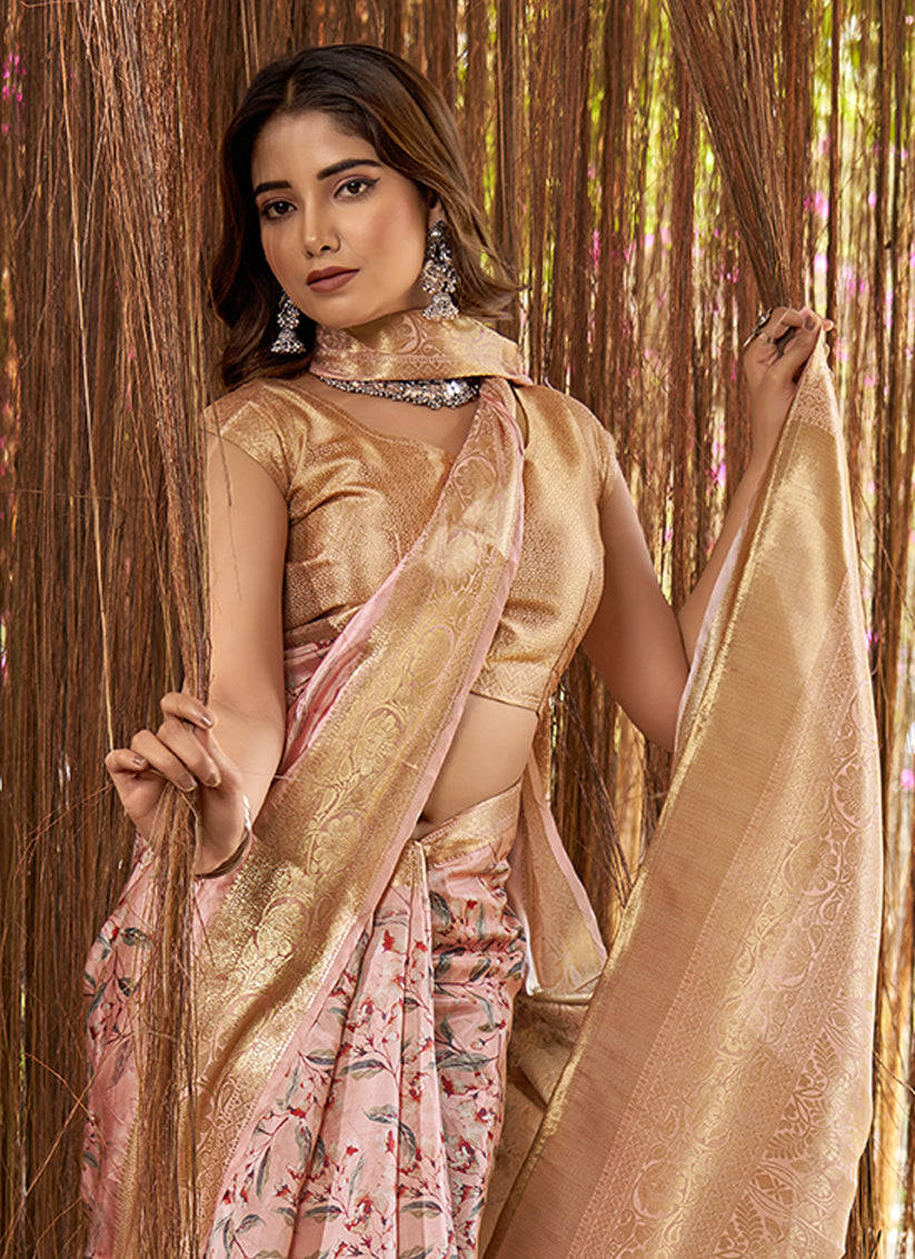 Peach Jacquard Printed Woven Saree For Festival