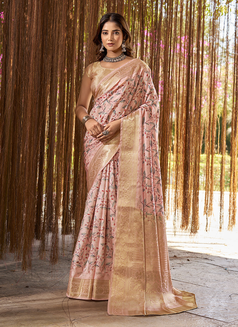 Peach Jacquard Printed Woven Saree For Festival