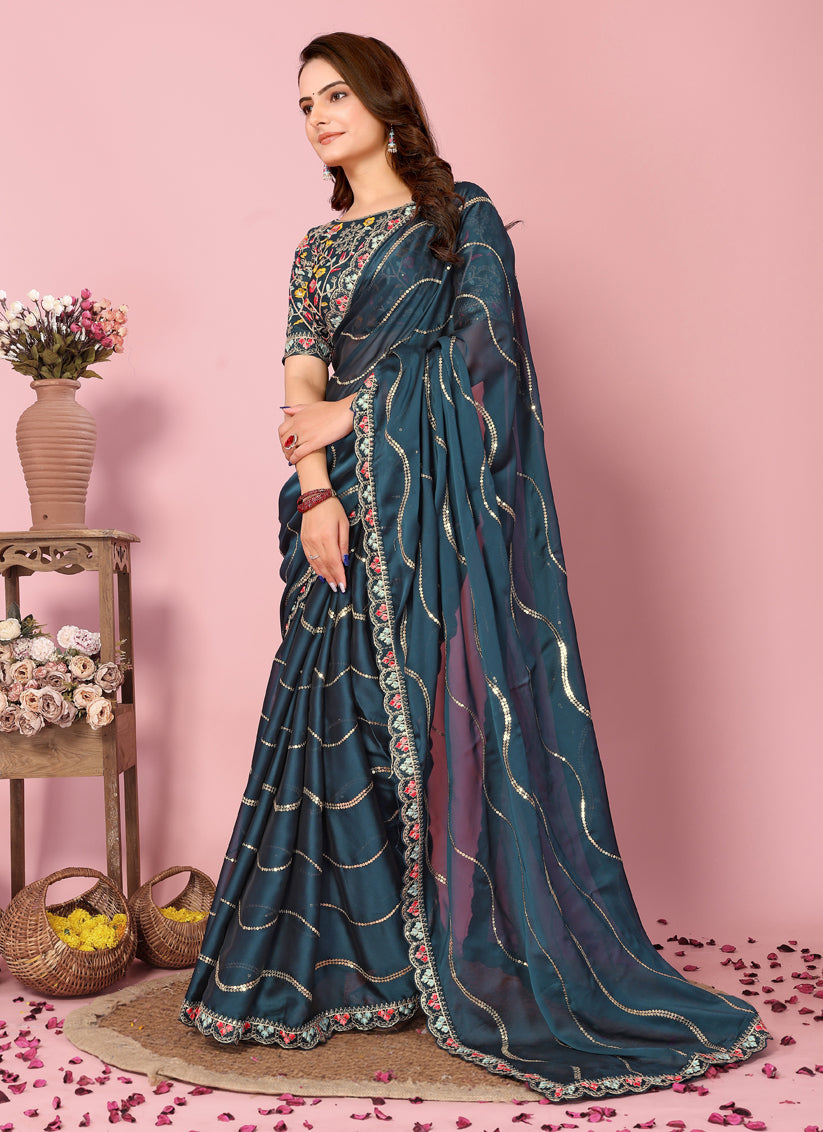 Teal Blue Rangoli Silk Embroidered Saree