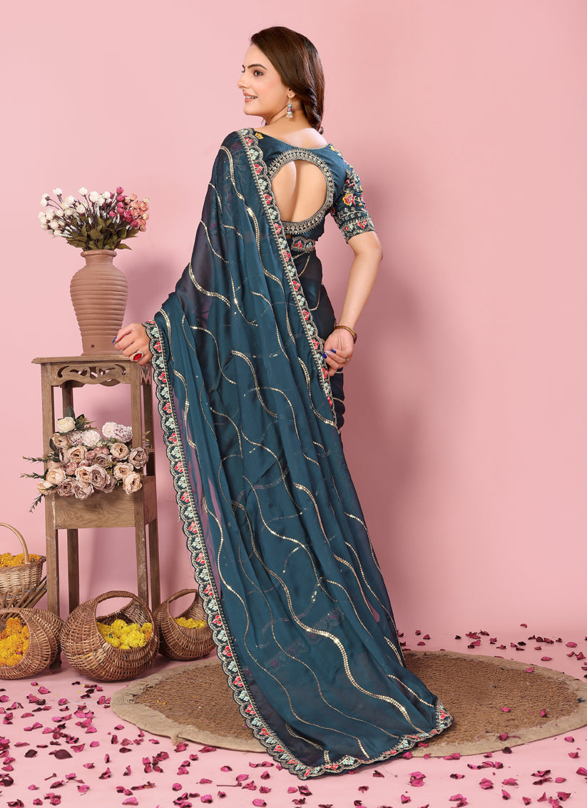 Teal Blue Rangoli Silk Embroidered Saree