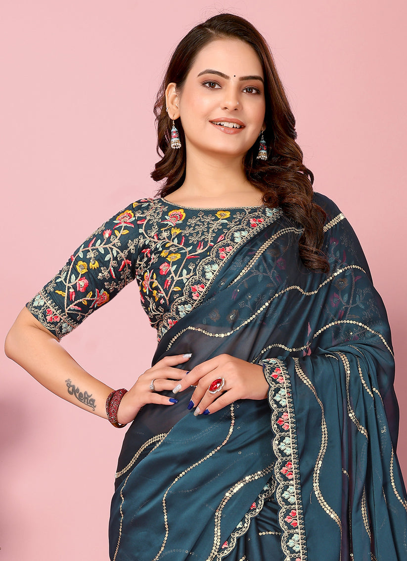 Teal Blue Rangoli Silk Embroidered Saree