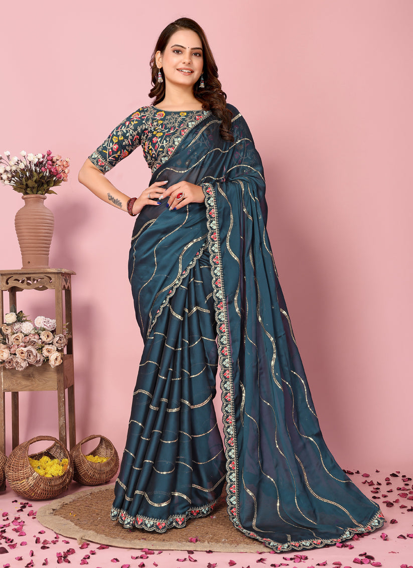 Teal Blue Rangoli Silk Embroidered Saree