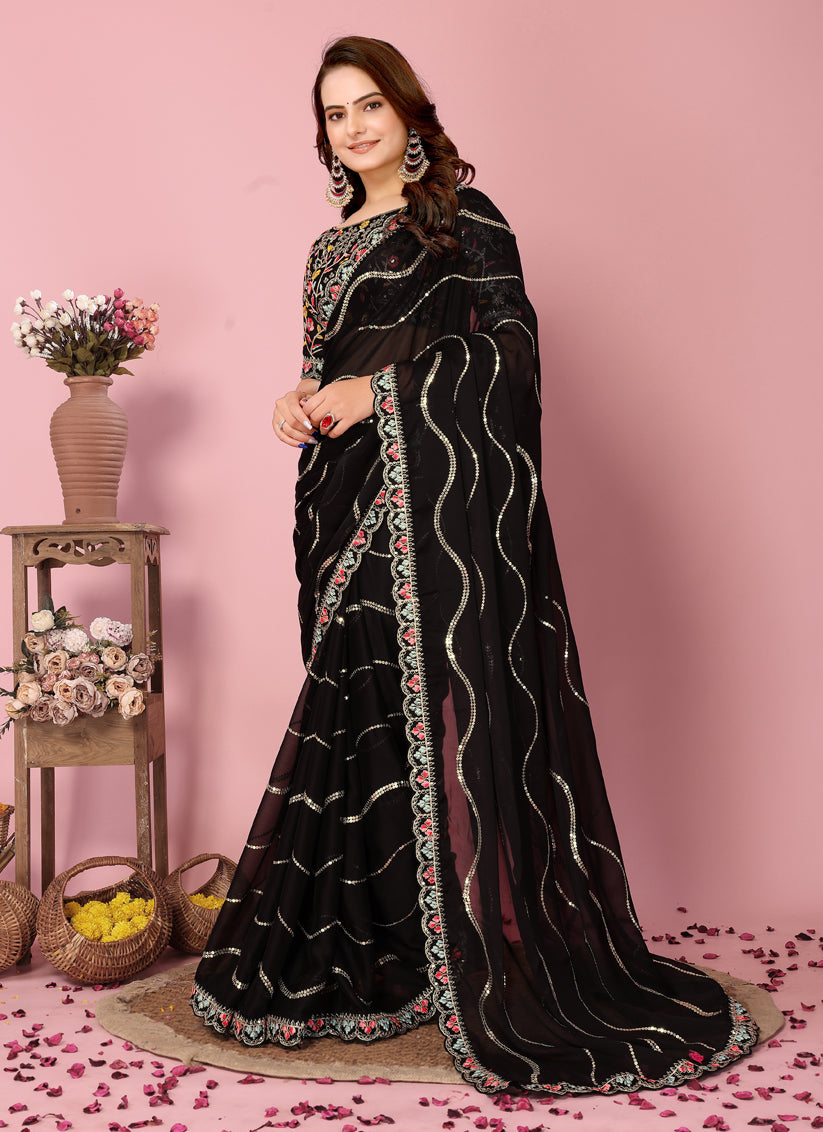 Black Rangoli Silk Embroidered Saree