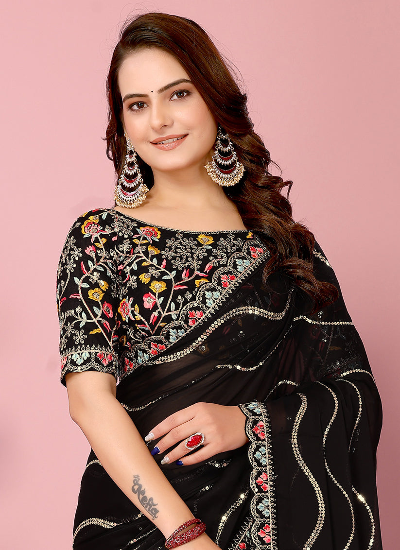 Black Rangoli Silk Embroidered Saree