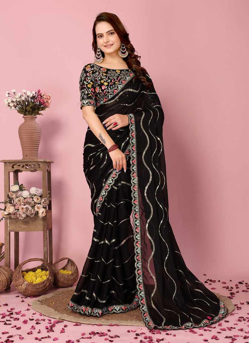 Black Rangoli Silk Embroidered Saree