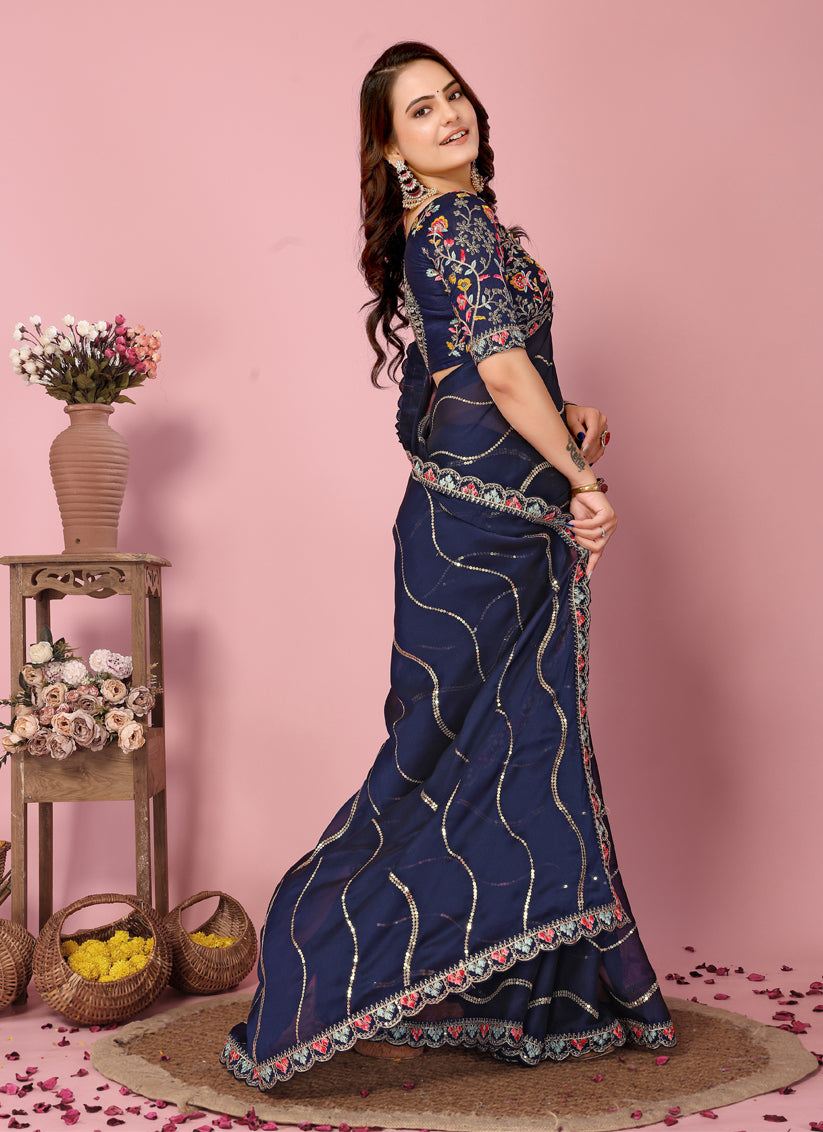 Navy Blue Rangoli Silk Embroidered Saree