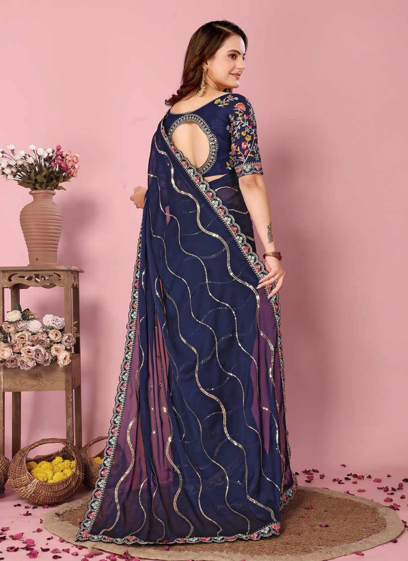 Navy Blue Rangoli Silk Embroidered Saree