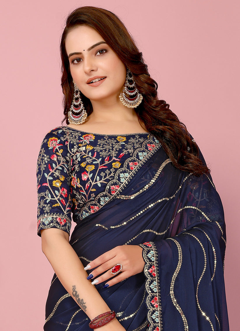 Navy Blue Rangoli Silk Embroidered Saree