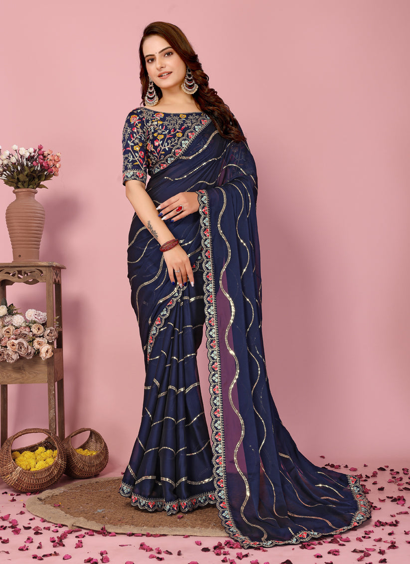 Navy Blue Rangoli Silk Embroidered Saree