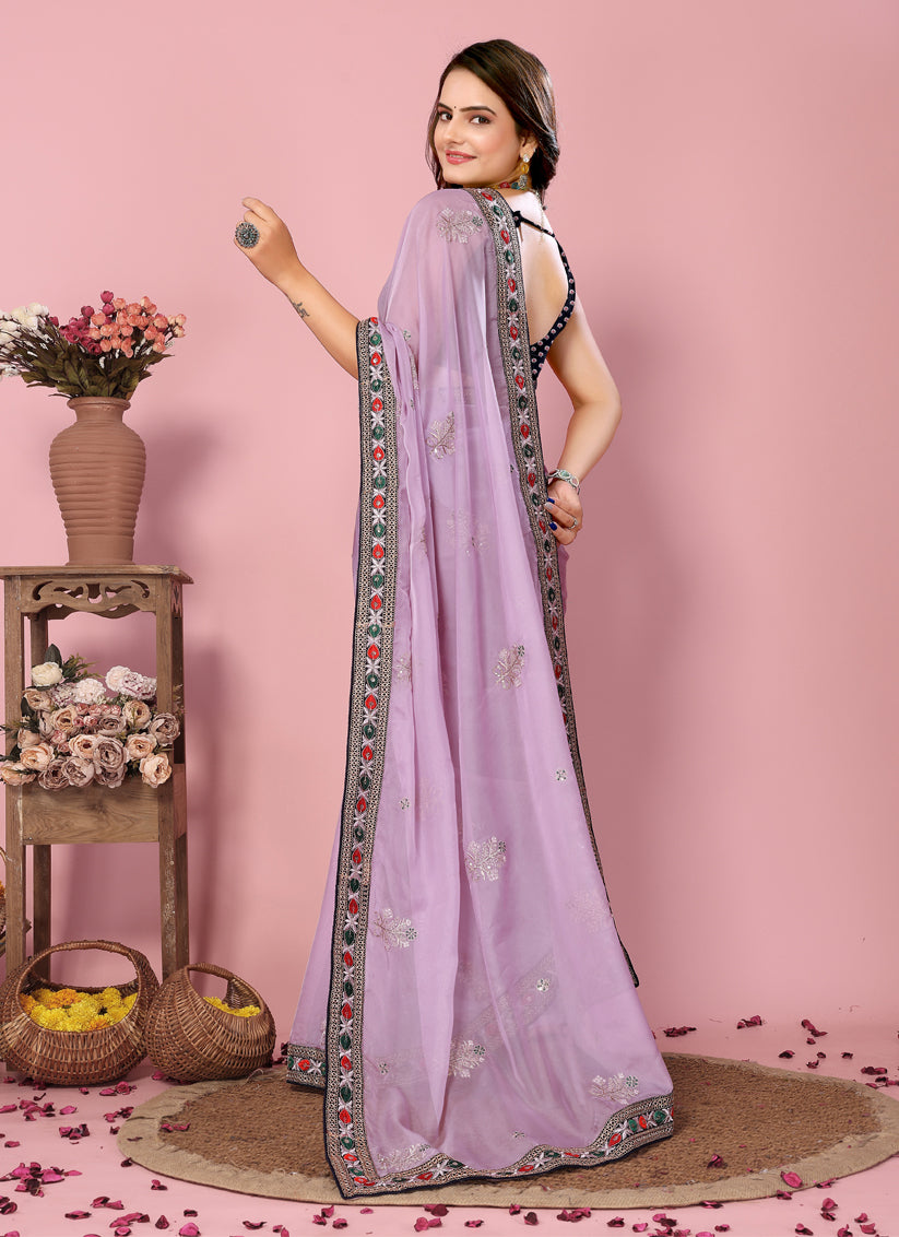 Lavender Organza Silk Embroidered Saree