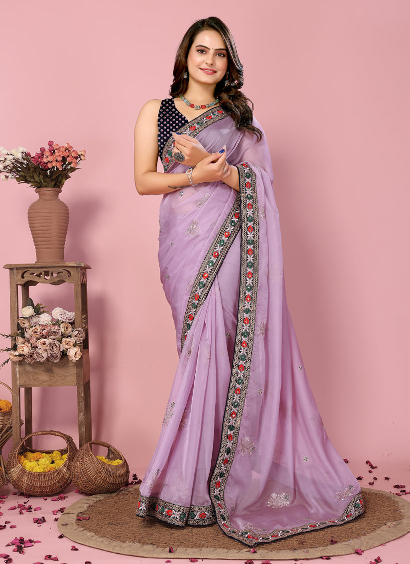 Lavender Organza Silk Embroidered Saree