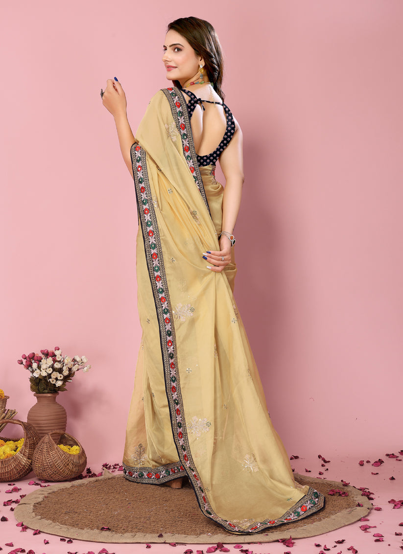 Yellow Organza Silk Embroidered Saree