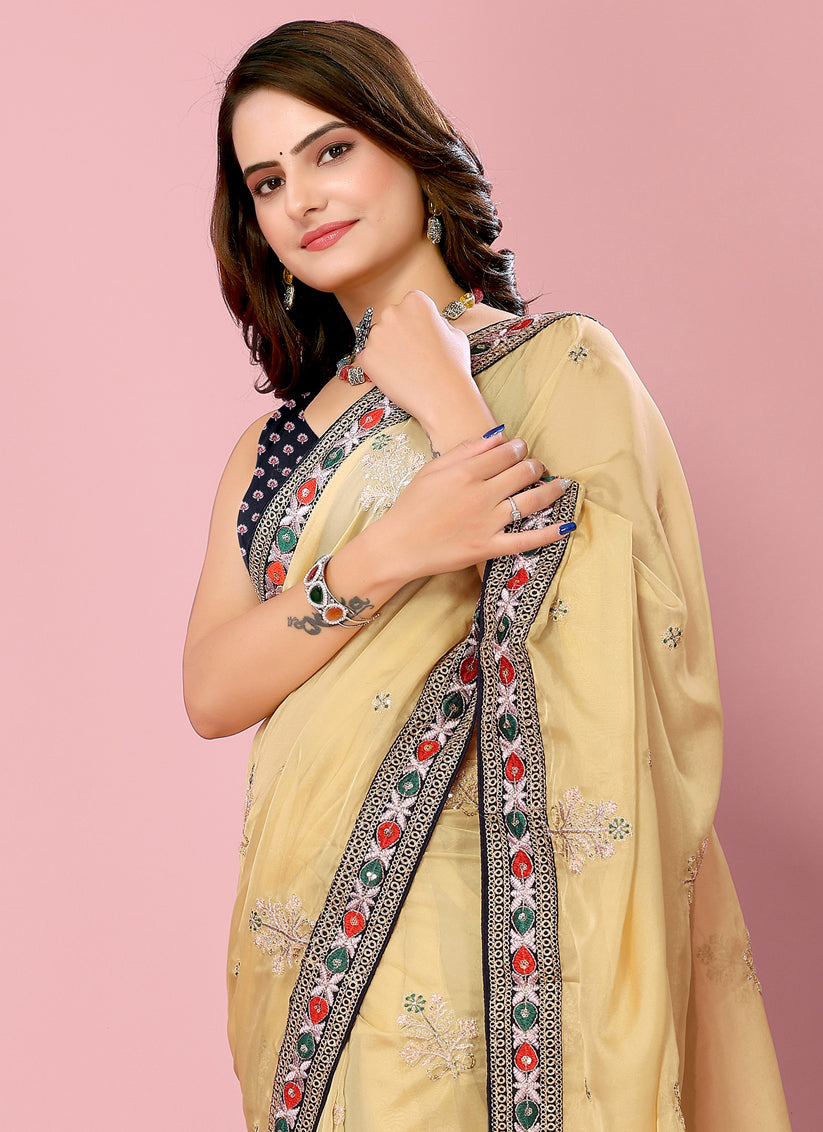 Yellow Organza Silk Embroidered Saree