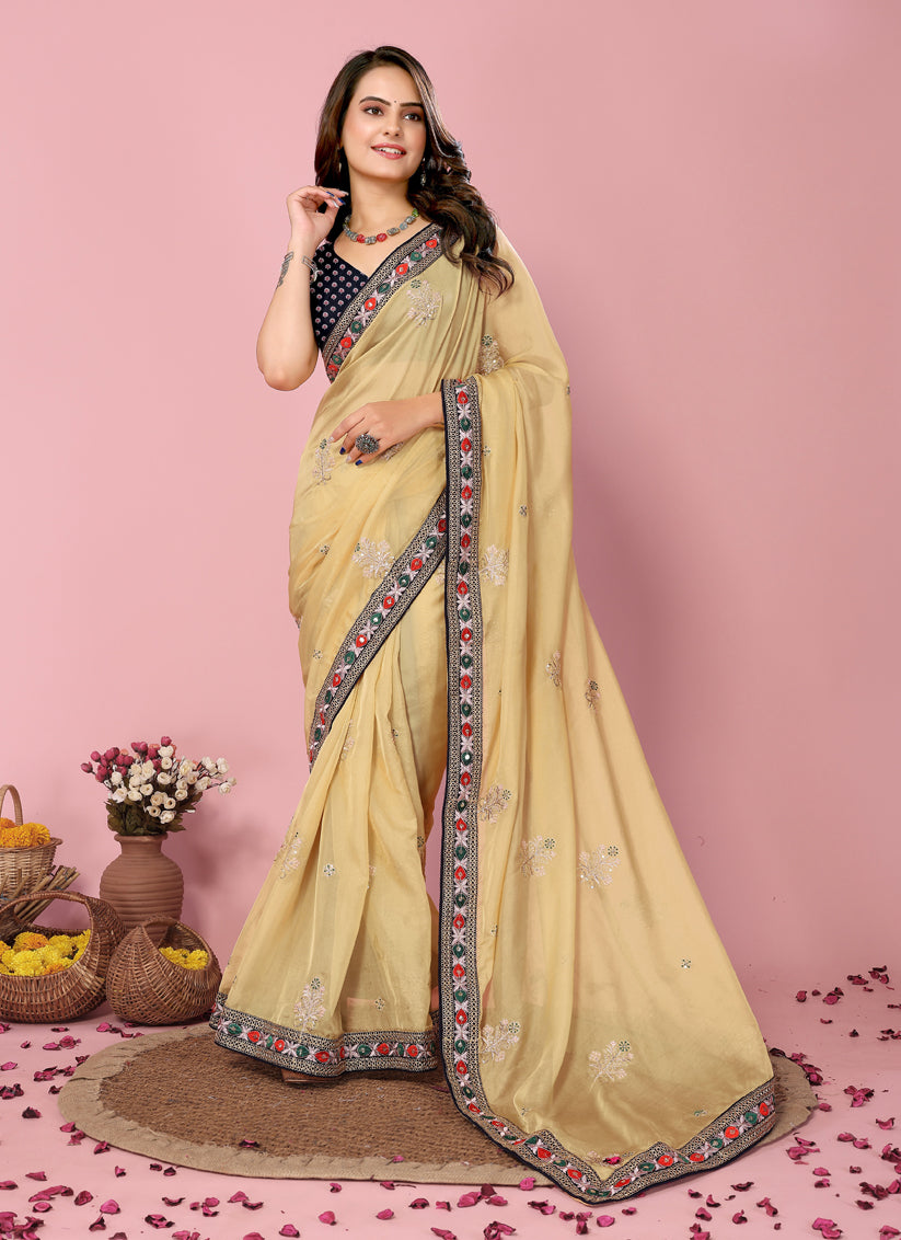 Yellow Organza Silk Embroidered Saree